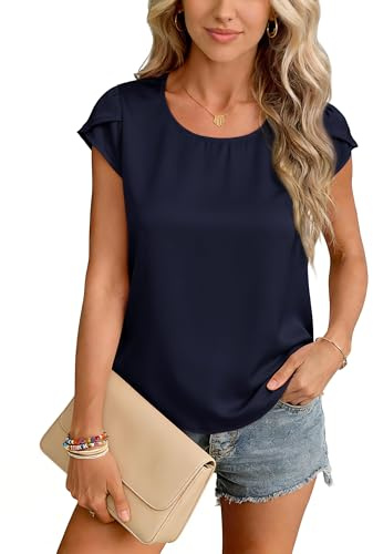 Yommay Ladies Tops Chiffon Summer Soft Lightweight Shirts Elegant Casual T-Shirts Womens Basic Blouses,Navy Blue,XL