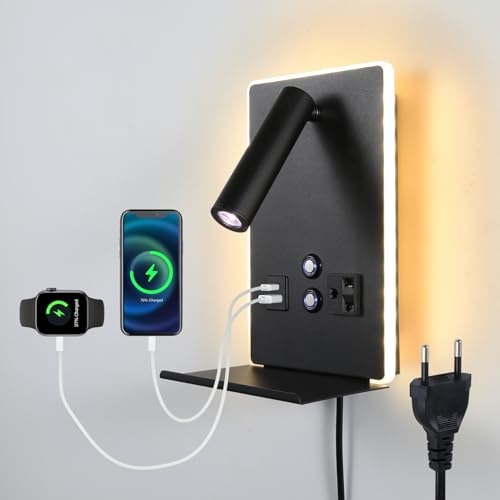 CNMYKYDS Wandmontiertes Leselicht mit Ablage – 3 Farben dimmsicher LED, 360° einstellbare Wandlampe für Schlafzimmer/Arbeitszimmer, Touch-Steuerung (Schwarz)
