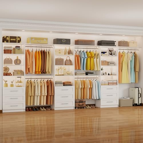 Closet System with 9 Drawers, 9-18FT Custom Closet Organizer System Wood with 9 Hanging Rods & Adjustable Shelves, Walk in Closet Organizer Shelving System, Modular Closet Systems Kits, 3 Sets, White