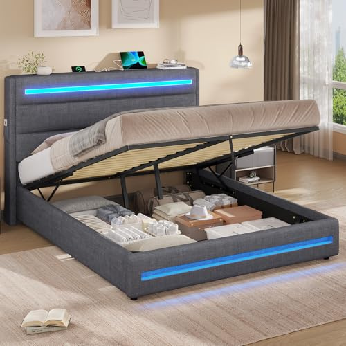 KIMENICH Bett 140X200 mit LED-Beleuchtung, Hydraulisches Bett 140x200 cm, Polsterbett Doppelbett, Bettgestell mit Stauraum und Lattenrost, Schlafzimmer, Grau