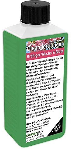 GREEN24 Oleanderdünger 250ml, flüssiger Spezialdünger für alle Oleander-Arten, fördert mediterrane Blütenpracht & kräftiges Wachstum, ideal für Kübelpflanzen, hochwirksames NPK-Konzentrat