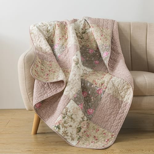 SLPR Cotton Quilted Throw Blanket, 50 x 60 Floral Farmhouse Patchwork Quilt, Shabby Chic Patchwork Throw Lap Quilt for Couch, Secret Garden
