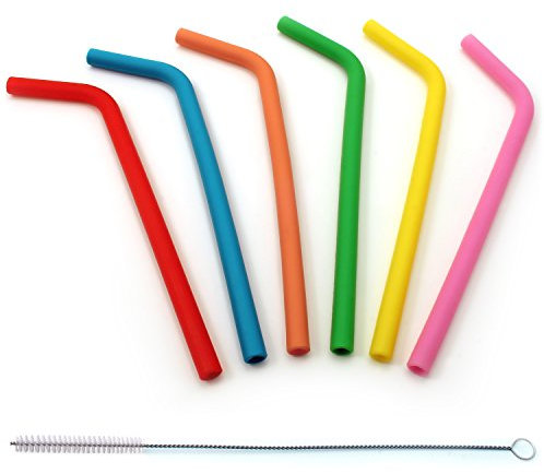 igadgitz U6544 Home Pailles Courbées Réutilisables en Silicone sans BPA avec Brosse de Nettoyage – Lot de 6