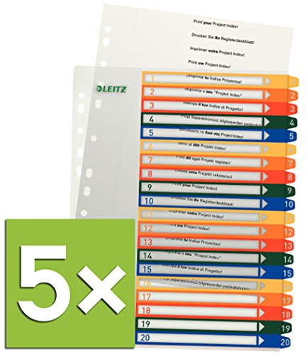 Leitz PC-beschriftbares Register, A4, PP, extrabreit, mehrfarbig (Zahlen 1-20 / 5er Pack)