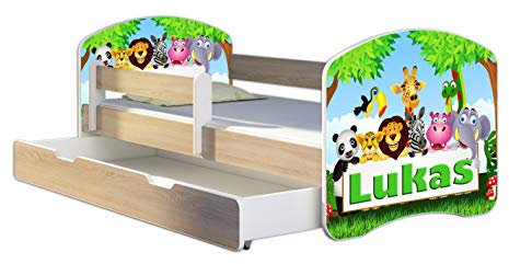 Kinderbett Jugendbett mit einer Schublade und Matratze Sonoma mit Rausfallschutz Lattenrost ACMA II 140x70 160x80 180x80 (01 Zoo name, 160x80 + Bettkasten)
