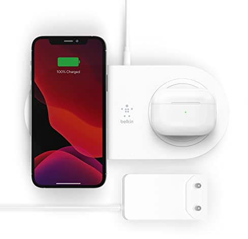 Belkin drahtloses Ladegerät mit zwei Ladepads (drahtloses Doppelladegerät, 15 W) 2 Geräte wie iPhone, AirPods, Galaxy und Pixel gleichzeitig und schnell laden – Weiß