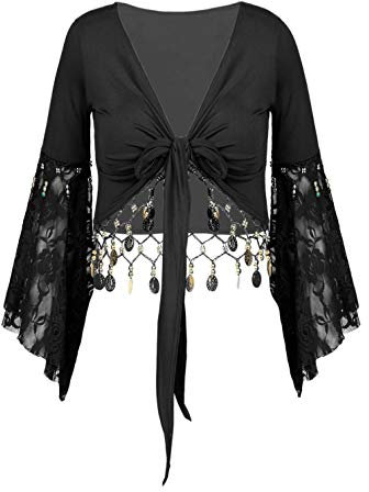 iiniim Damen Bolero Kurz Jacke Bauchtanz Kostüm Schulterjacke Langarm Cardigan Tops Shrug Latein Tanz Ballettjacke Sport Oberteile Schwarz XXL
