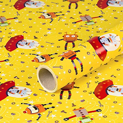 Geschenkpapier Alien und Roboter, gelb, Geburtstagspapier für Kinder, 0,70 x 10 m