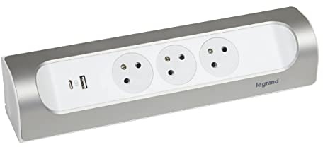 LEGRAND - Multiprise d'Angle à Câbler - 3 Prises Surface avec Terre + Prise USB-C + Prise USB-A - Installation Horizontale ou Verticale - Blanc et Alu