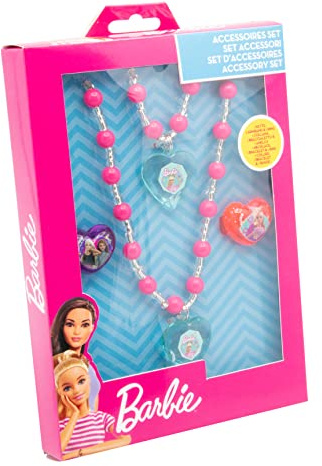 Joy Toy - Barbie set gioielli - 2 anelli, 1 collana di perle con ciondolo e 1 braccialetto di perle con ciondolo in confezione regalo 12x4x18 cm