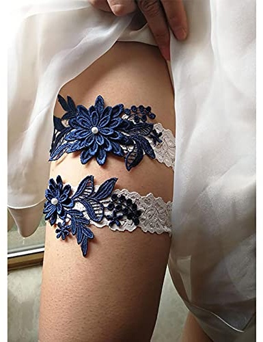 Carufin - Liga elástica de encaje para novia - Accesorios de boda para mujeres y niñas, azul marino, Talla única