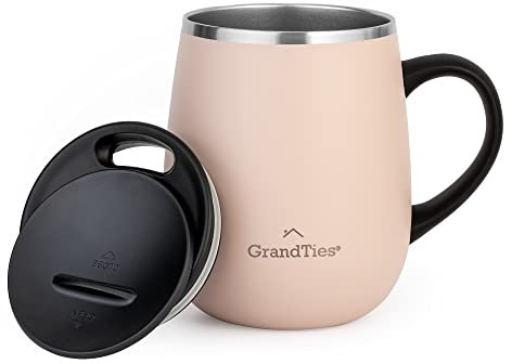GRANDTIES Taza de café aislada con asa, tapa deslizante a prueba de salpicaduras, vaso térmico con forma de copa de vino de 16 onzas con doble pared de acero inoxidable al vacío para mantener las