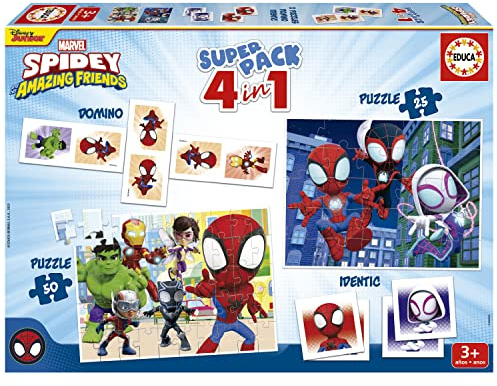 Educa - Superpack Spidey y Sus Increíbles Amigos 4 en 1 | Puzzles, Dominó, Memory | 2 Puzzles 25 y 50 Piezas, Dominó 28 fichas, Identic 28 Cartas | Juego niños 3 años (19682)