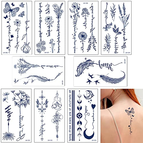Qpout Semi-permanente Tattoos für Frauen und Mädchen, realistische temporäre Tattoos, Körperkunst, Tattoo, selbstklebend, dunkelblau, wasserdicht, lange Haltbarkeit von 2 Wochen, 9 Blatt