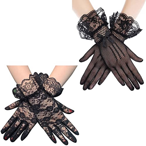 Liitata 2 paia di guanti corti in pizzo con fiori in rete, guanti da festa in stile retrò, per matrimoni, Halloween, maschera, carnevale, tema, feste, colore nero, stile 1, Nero , Taglia unica