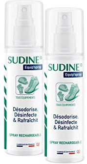 SORIFA - Lote de 2 - Sudine Equip'spray - Desodoriza, desinfecta, refresca - Zapatos, cascos, guantes, equipo - Spray recargable - Sin gas - Fabricado en Francia - Spray 125 ml