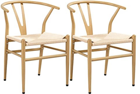 Yaheetech 2-er Set mittelalterliche Esszimmerstühle Y-Stuhl Metallrahmen Rattan Sessel Lehnstuhl mit Gewebtem Sitz, Armlehnenstuhl, holzfarbe