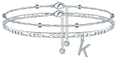 TINGN Fussketten für frauen, Silber Fußkettchen für Damen Fusskettchen mit CZ Buchstaben K Doppelte Fußketten stabil Fussketten für Frauen Geschenk Schmuck Sommer Stand Geschenke für Freund