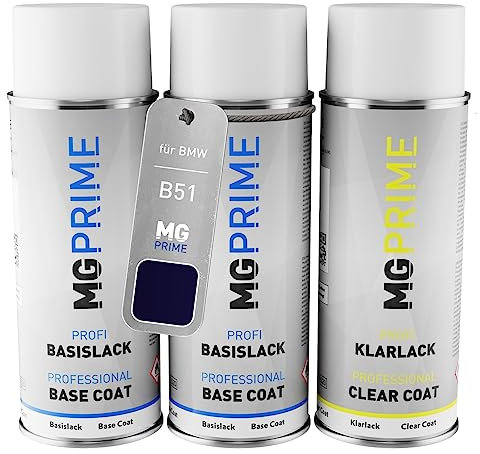 MG PRIME Autolack Sprühdosen Set für BMW B51 San Marino Blau Metallic/San Marino Blue Metallic Grundlack Basislack Klarlack Spraydose 400ml