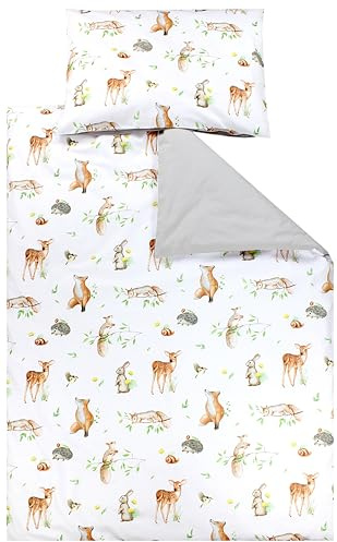TupTam Kinder Bettwäsche Gemustert 2-Teilig Wendebettwäsche, Farbe: Waldtiere/Igel/REH/Fuchs/Kaninchen/Beige, Größe: 135x100 cm