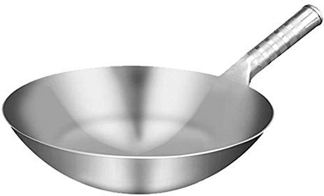 OQHAIR Wok de Acero Inoxidable - 32-45 cm Cuchara para freír de un Solo Mango Cantina Restaurante Hogar Cuchara frita Estufa de Gas con Olla Wok sin Recubrimiento de Fondo Redondo 40 cm (