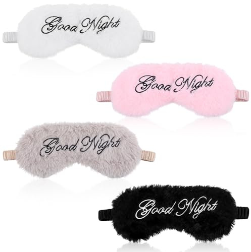 Dimeho 4 Stück Schlafaugenmaske aus Plüsch, Verstellbare Augenmaske Weich Flauschig Schlafmaske Bequem Pelzig Augenbinde mit Gummiband für Unterwegs Übernachtung Nickerchen Mädchen Frauen