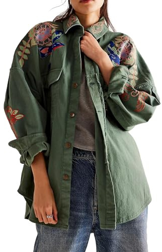 Loafawes Womens Oversized Button Down Blouses Trendy Floral Embroidered Long Sleeve Collared Fall Casual Shirt Jacket Green