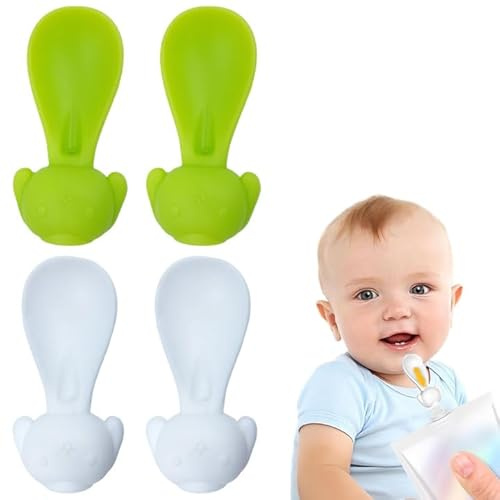 NJCXOLA Cuillères en Silicone pour Bébé & Embouts de Gourde, Cuillere, Nettoyage Facile, Étanche, pour Alimentation de Plus de 3 Mois, Pack de 4 vert & blanc