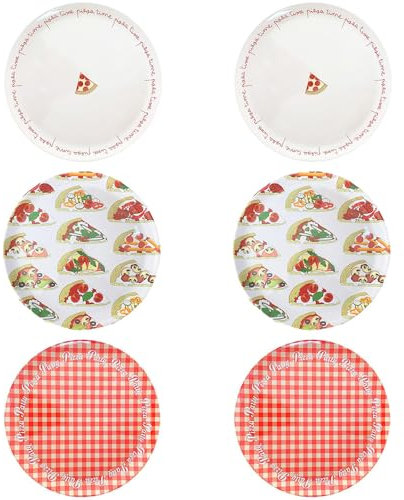PALUPLUS Set 6 Piatti Pizza Rotondi in Melamina, Diametro 33 cm e Altezza 1,5 cm, Piatto con 3 Decorazioni, Infrangibili e Riutilizzabili, Fantasia Rossa, Pizza Time e Spicchi pizza -4634C