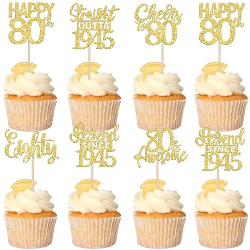 Xsstarmi 24 Pack Happy 80th Birthday Cupcake Toppers Eighty Straight Outta 1946 Cupcake Picks Cheers to 80 Lengend Since 1946 Cake Decorations for 80th Birthday Anniversary Party Decor Supplies Gold