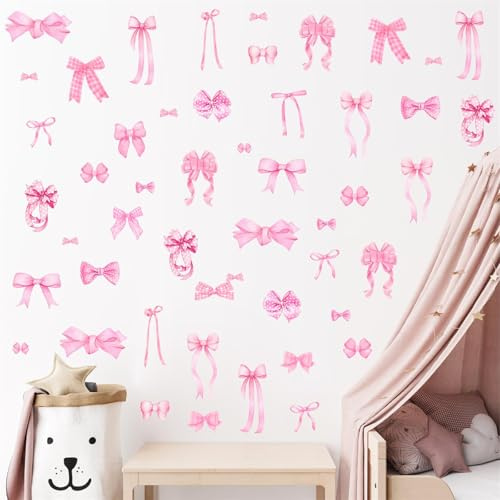 Pink Bow Wall Stickers Watercolor Girls Room Wall Decals Pink Bow Decor Bowtie Wall Sticker Decal for Nursery Peel and Stick Pink Polka Dot Wall Art Murals Wallpaper for Kids Baby Bedroom Gift