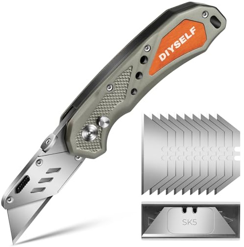 DIYSELF Folding Utility Knife with 10 Extra SK5 Blades, Quick-Change Blade & Button Lock, Box Cutter Razor Knife with Stainless Steel Head, Gifts for Men, Heavy Duty Box Knife for Cardboard Carpet PVC