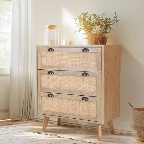 PHI VILLA Chest of Drawers for Bedroom, 3-drawer Bedroom Storage Cabinet Furniture, Handmade Natural Rattan Chester Organiser with Metal Handle & Anti-Tipping Device for Living Room, Rustic Oak