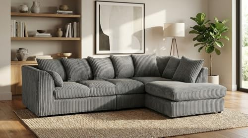 Jumbo Cord Sofas - Grey L Shaped Settee - Sectional 4 to 5 Seater Corner Sofa - Luxury Left Hand or Right Hand Couch - Designer Grey Scatter Back Couches for Living room & Garden (Right Hand)