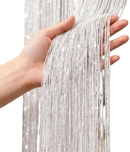 Plkjiu 2 Pack Glitter String Door Curtain - White Fly Screen Curtain Panels for Doorways & Windows | Decorative Insect Barrier & Room Divider for Home Decor & Event Decoration (100x200cm)