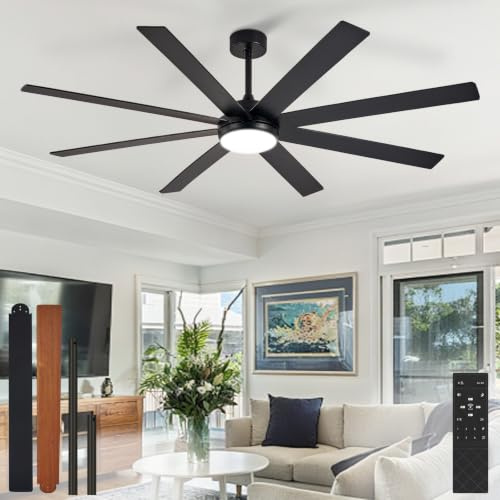 Depuley Ventiladores de techo de 66 con luz: Ventilador de techo negro para interiores y exteriores, ideal para patios - Ventiladores de techo grandes de 8 aspas con mando a distancia y temporizador