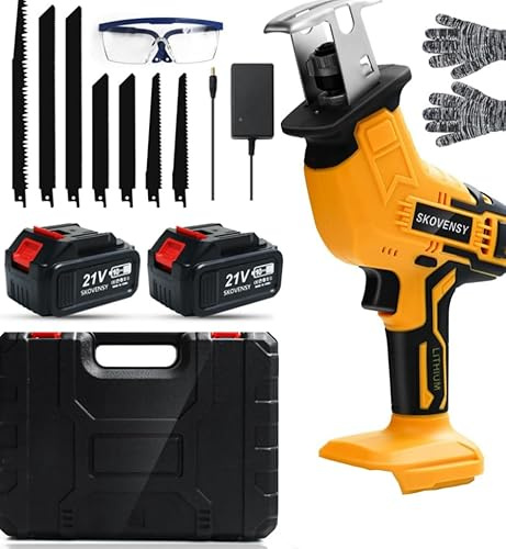 Cordless Reciprocating Saw, 2 x 4.0Ah Batteries, Reciprocating Saw Cordless, Variable Speed, Blades Kit for Metal/Wood/PVC Cutting, Yellow