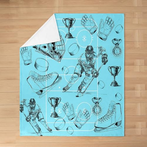 Erosebridal Hockey Flannel Blanket for Boys, Blue Sports Themed Fleece Blanket for Kids Teen, Ice Hockey Puck Rink Blankets 50x60 | Ball Game Gaming Fuzzy Plush Throw Bedroom Decor