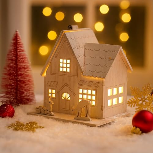 Recitem Lot de 3 décorations de Noël - Village de Noël avec éclairage - En bois - Village de Noël éclairé - Maisons de Noël - Fonctionne avec piles - Mini ville de Noël (B)