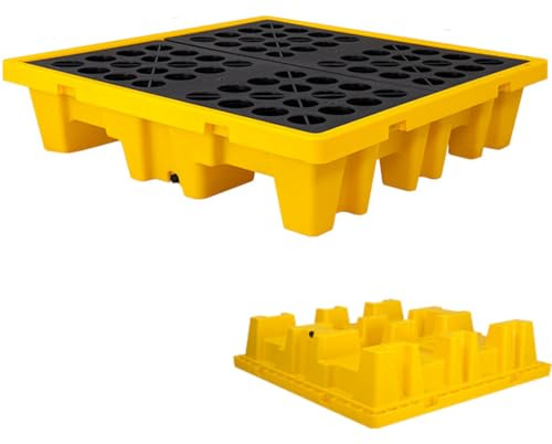 Plataforma de contención de derrames con drenaje, bandeja modular apilable, bolsillos para montacargas, base a prueba de fugas para barriles