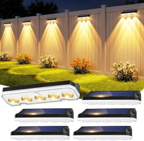 Wonkelly Solar Fence Lights Outdoor, 6 Pack Solar Lights Outdoor Garden Warm White/Cool White& RGB 8 Colors, 5 Lens 40 Lighting Modes, IP65 Waterproof, Outside Wall Light for Garage, Yard, Pathway