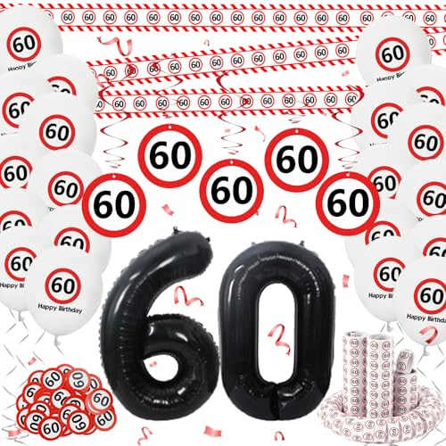 Whimzey Deko 60 Geburtstag Mann Frau,Verkehrsschild 60 Geburtstag Deko,60. Geburtstage Deko Set,Geburtstagsdeko 60 Jahre mit Zahl 60 Folienballon,Absperrband,Konfetti,Luftschlangen,Luftballon,Spiralen