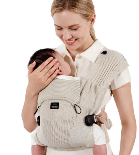 Bebamour Strick-Babytrage, gemütliche und leichte Tragehilfe für 4 bis 24 Monate, ergonomische Babytrage mit Kopfhaube,Khaki