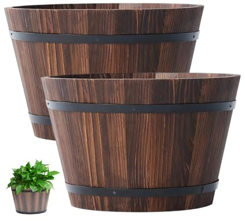 Vistnale Jardinière en tonneau de Whisky, jardinière en Bois de 10 Pouces avec Trous Drainage, tonneau vin en Plastique Robuste pour Plantes d'intérieur et d'extérieur, décoration Rustique Maison et