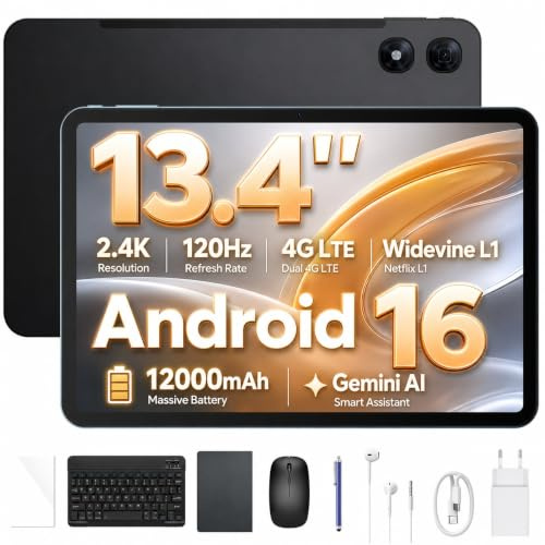 P13 Pro Tablet 13.4 Pulgadas 120Hz Android 16, 48GB RAM + 256GB(TF 2TB) Tablet con Teclado y Lapiz, T7280 Octa-Core, 12000mAh/18W, 16MP+8MP, Gemini AI, Widevine L1, Face ID, Dual SIM 4G, Negro