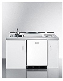 Summit 60 Wide All-in-One Kitchenette, 2-Door Refrigerator-Freezer, 2-Burner Smoothtop Cooktop, Sink, and Storage, White - C60ELGLASS