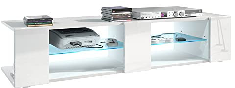 Vladon Mueble TV Movie V2, Mueble Televisor con 6 Compartimentos Abiertos y Franjas Decorativas, Blanco Mate/Blanco de Alto Brillo, incluida la iluminación LED Azul (134 x 29 x 39 cm)
