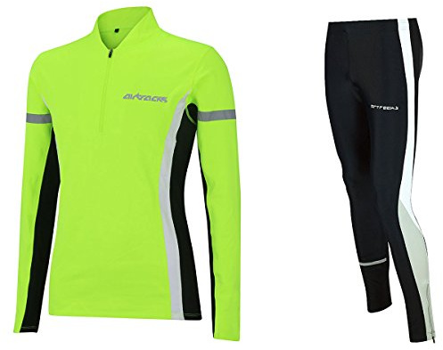 Airtracks Damen Winter Funktions Laufset - Thermo Laufhose Lang + Thermo Laufshirt Langarm - Warm - Atmungsaktiv - Reflektoren