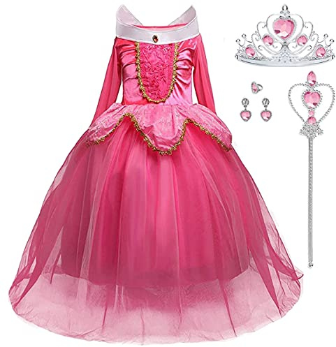 LiUiMiY Déguisement Princesse Fille Costume Enfant Bébé Halloween Carnaval Noël Cosplay Anniversaire Fête avec Baguette magique Couronne, Rose,2-3 ans (étiquette 100)