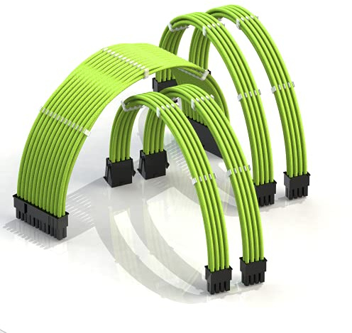 LINKUP - AVA 30cm PSU Cable Extension Sleeved Custom Mod GPU PC Braided w/Comb Kit | 1 x 24 P (20+4) | 2 x 8 P (4+4) CPU | 2 x 8 P (6+2) GPU set | 300mm - Green